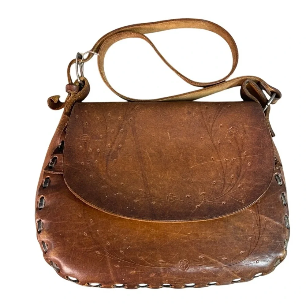 Vintage Handmade Brown Leather Floral Tooled Whipstitch Saddle Crossbody Bag